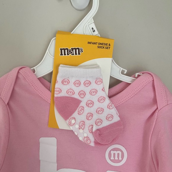 NEW Pink M&M's Long Sleeve Onesie and Sock Set 6 Months - Picture 2 of 4